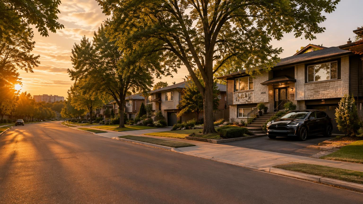 Large boulevard résidentiel à Chomedey, Laval, à l'heure dorée