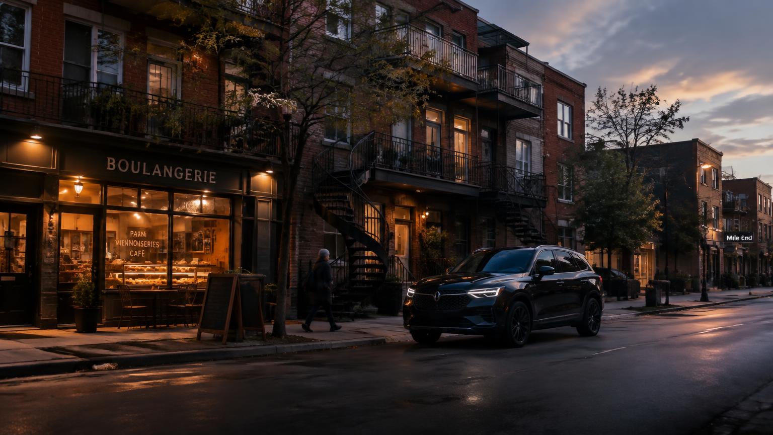 Brick triplexes and a lit bakery window on a Mile End street at dusk