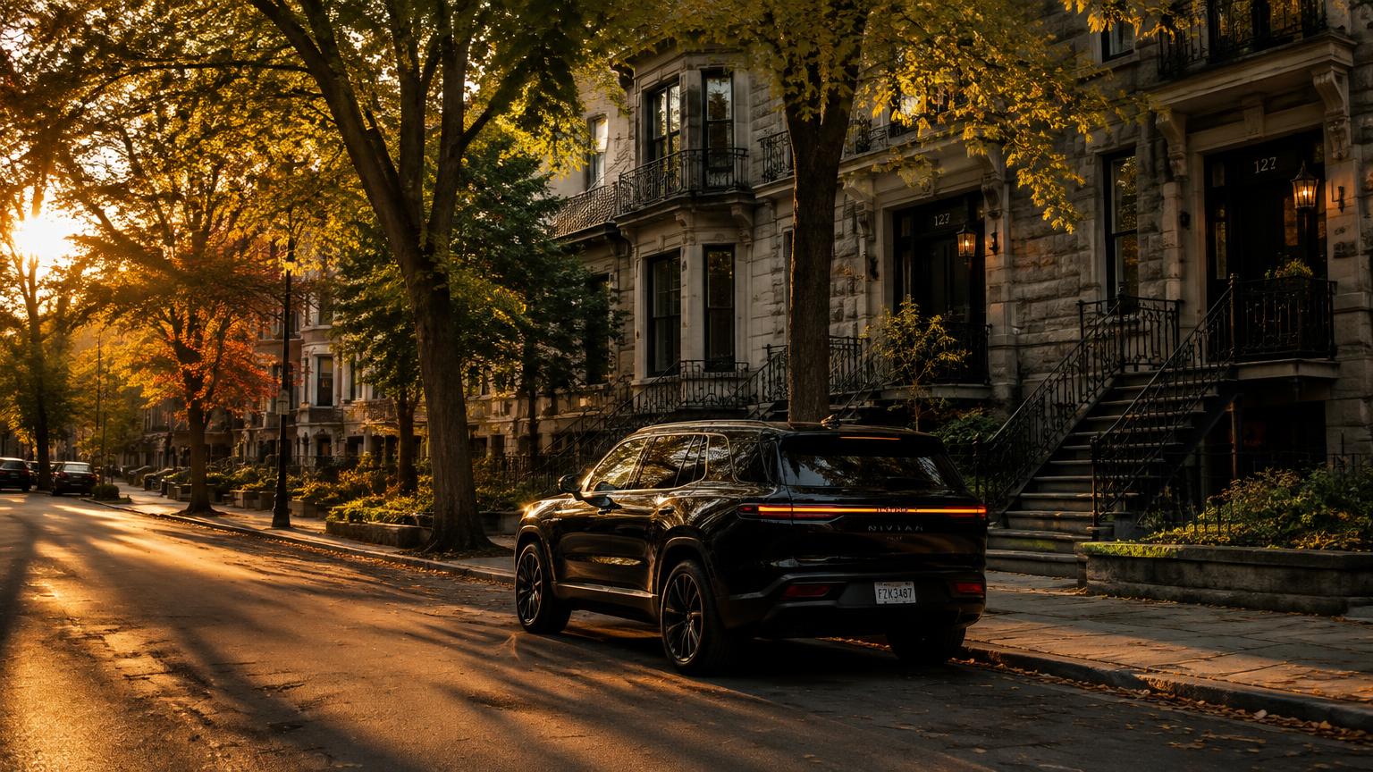 Stone duplexes and mature maples on a quiet Outremont street at golden hour