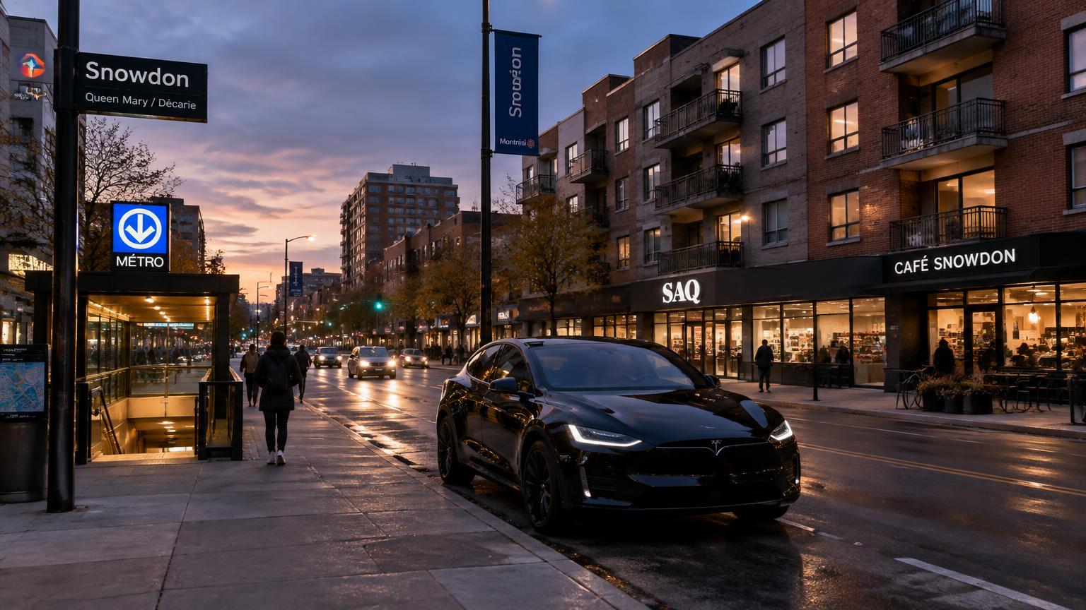 Snowdon au crépuscule, près de Queen-Mary et Décarie, commerces et entrée de métro