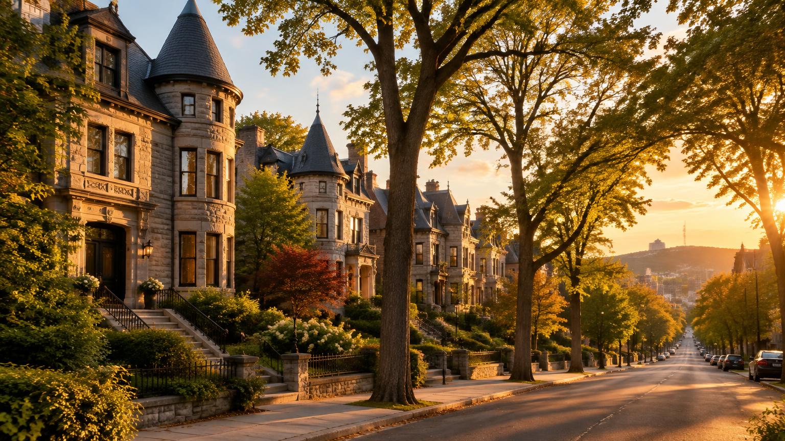 Maisons victoriennes en pierre grise et ormes matures dans une rue de Westmount à l'heure dorée